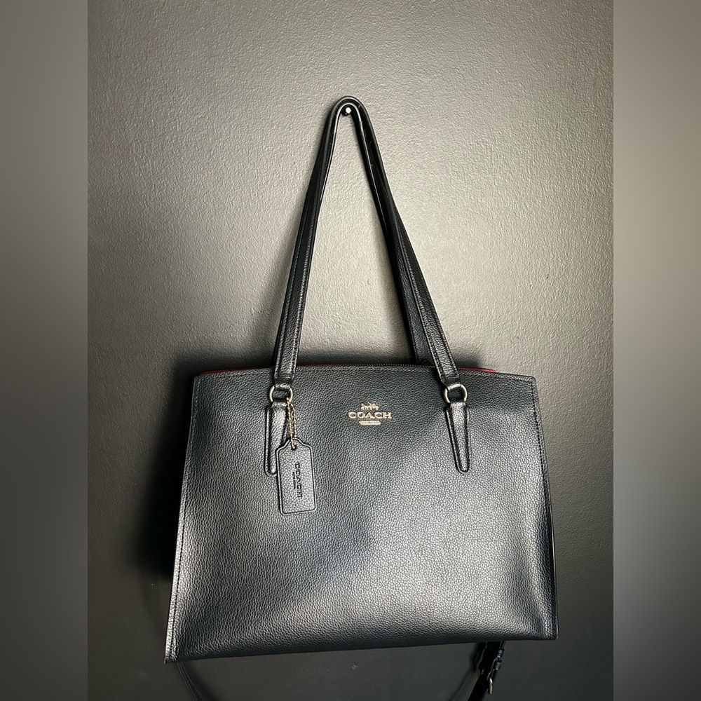 Coach Charlie Carryall Pebbled Leather Tote – Black/Red – Style 36675